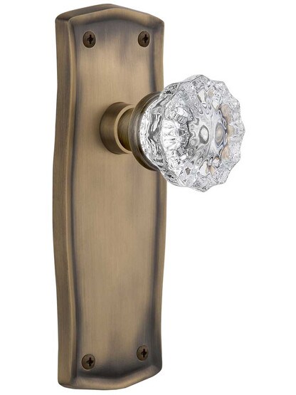 Prairie Door Set with Fluted Crystal Glass Door Knobs - No Keyhole in Antique Brass .
